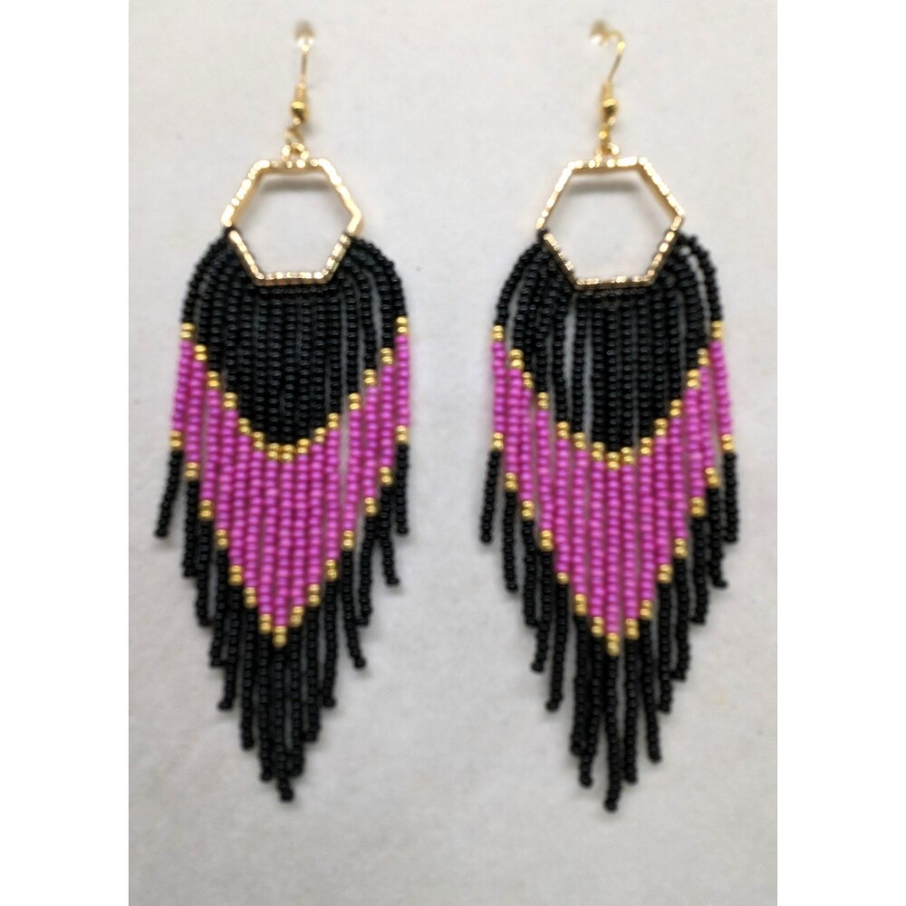 Earrings Beaded Black, Pink & Gold